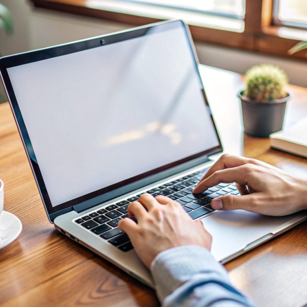 Person working on laptop at a desk.